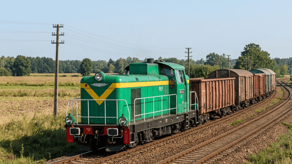 Klasyczna lokomotywa SM42 Stonka w historycznym malowaniu na torach kolejowych