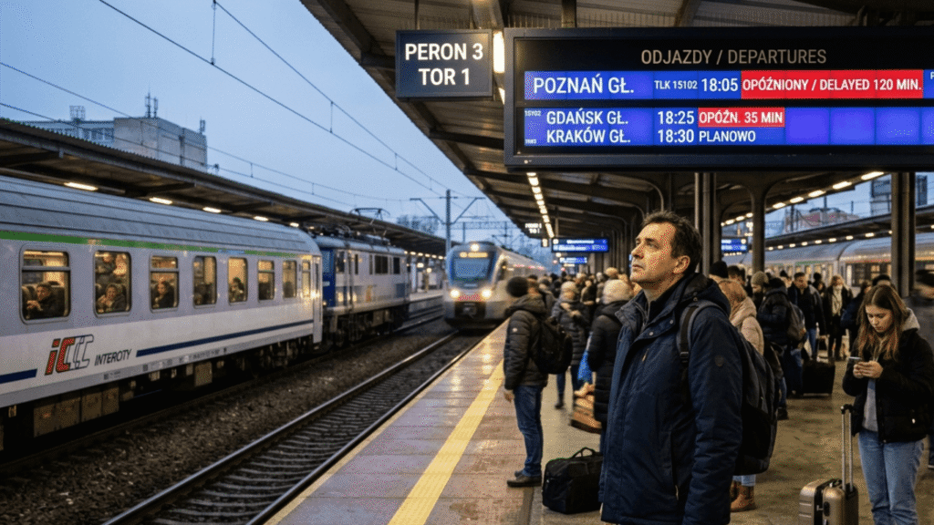 Pociąg pasażerski oczekujący na stacji z powodu opóźnienia