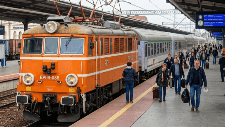 Lokomotywa elektryczna EP08 Świnka prowadząca pociąg pasażerski na zelektryfikowanej linii kolejowej