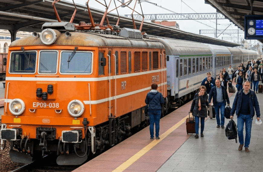Lokomotywa elektryczna EP08 Świnka prowadząca pociąg pasażerski na zelektryfikowanej linii kolejowej
