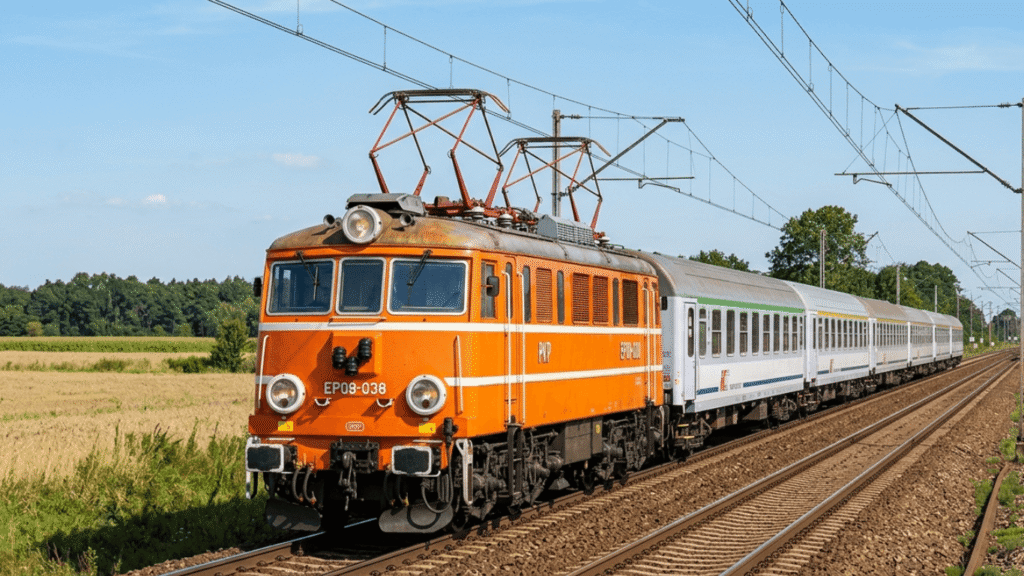 Lokomotywa EP08 Świnka podczas przejazdu na polskich torach – klasyczny elektrowóz PKP