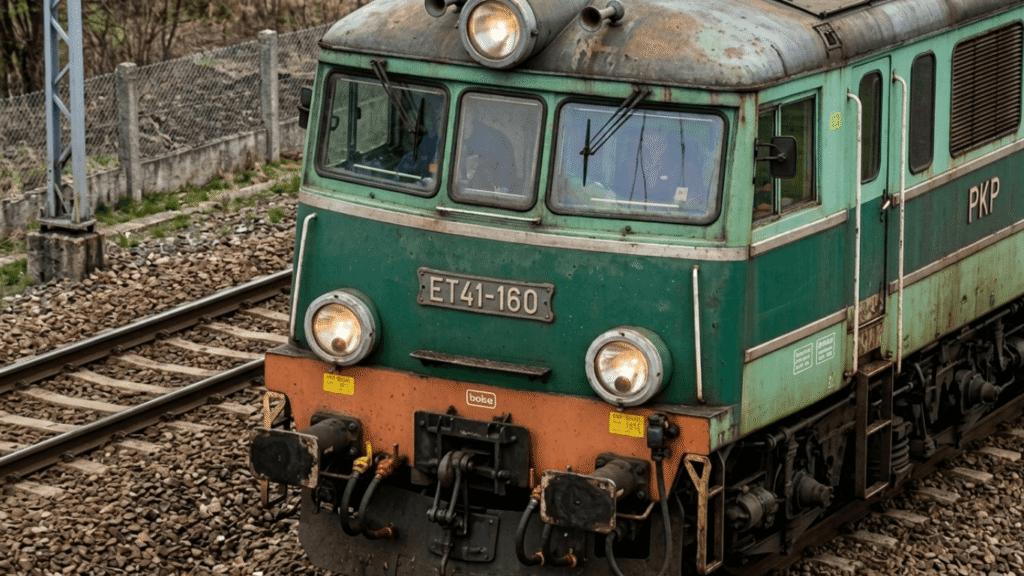 Podwójna lokomotywa elektryczna ET41 Jamnik podczas przejazdu z pociągiem towarowym
