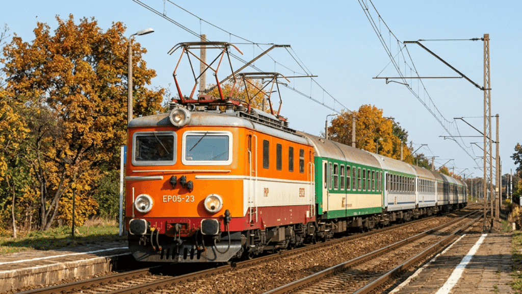 Lokomotywa elektryczna EU05 prowadząca pociąg pasażerski na zelektryfikowanej linii kolejowej