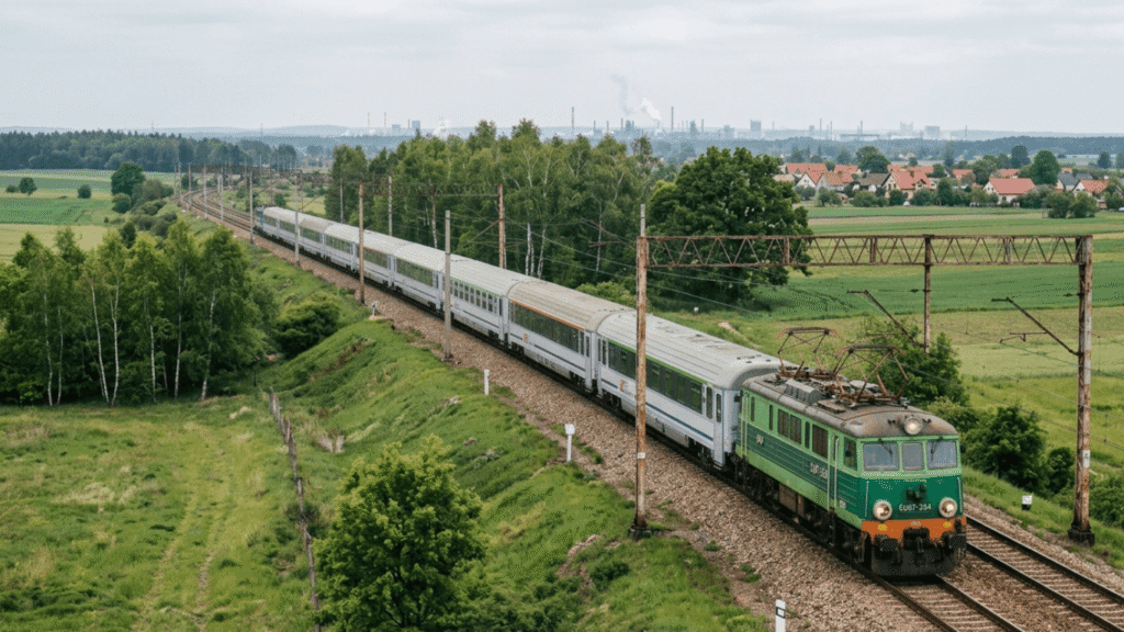 Zabytkowa lokomotywa EU07 „Siódemka” stojąca na torach podczas wydarzenia kolejowego
