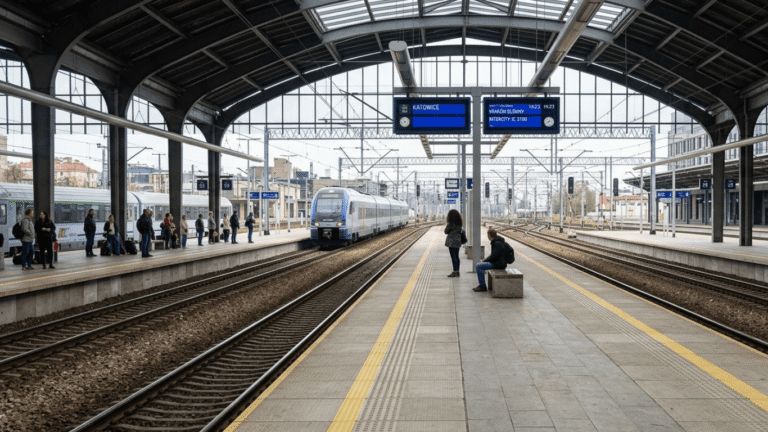 Żółta linia bezpieczeństwa na peronie kolejowym przed nadjeżdżającym pociągiem
