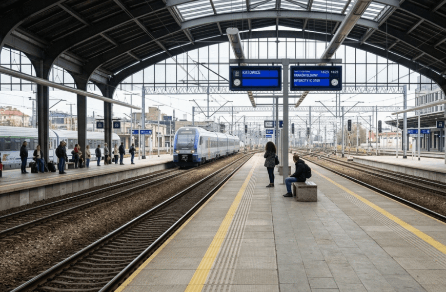 Żółta linia bezpieczeństwa na peronie kolejowym przed nadjeżdżającym pociągiem
